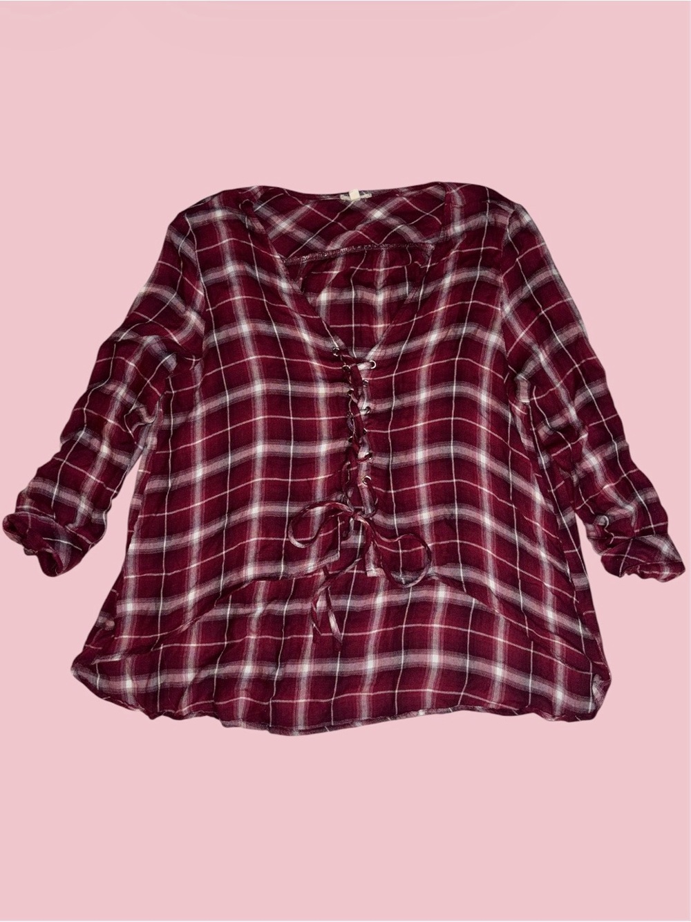 En Creme Burgundy Plaid Lace Up Flannel Top